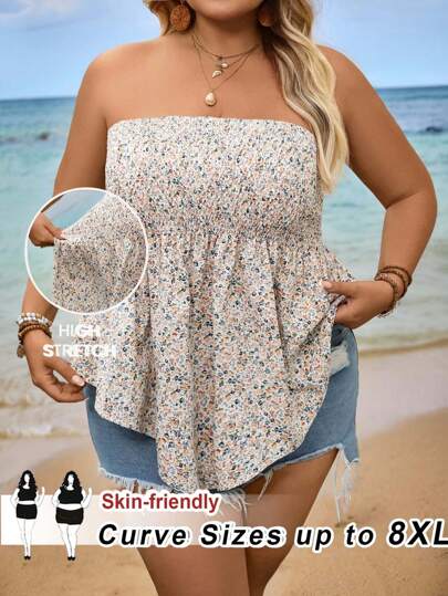 SHEIN CURVE+ Ropa de vacaciones informal de talla grande con estampado floral minúsculo para el tubo superior, atuendos de vacaciones de verano/país/playa, ropa de playa