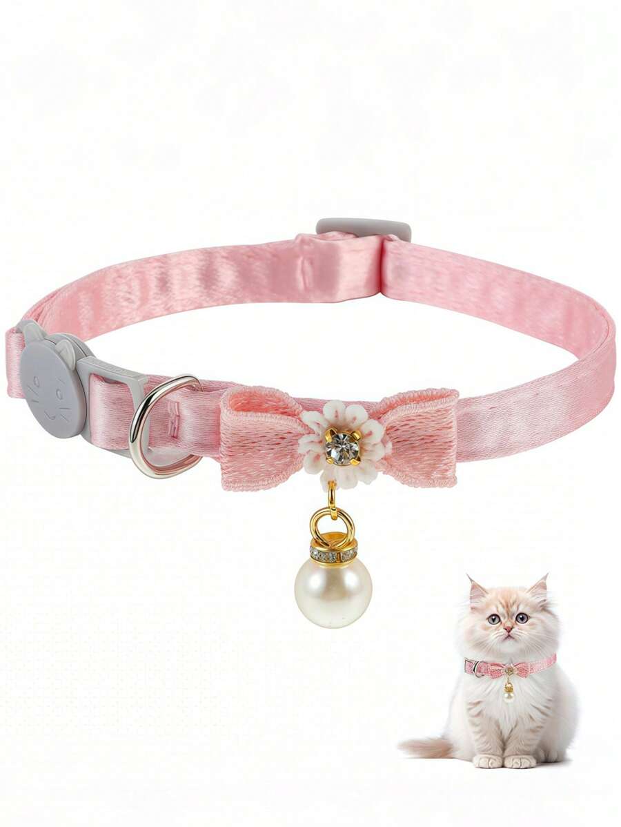 Cat Collar Detached, Cat Collar With Pearl Pendant Quick Release Clasp Pink Bow Adjustable Baby Kitten Collar Polyester White Bead Cat Buckle Adjustable With Flower Decoration Cat Collar Pet Necklace Dog Collar Is Suitable For Fashion Pet Cats And Dogs