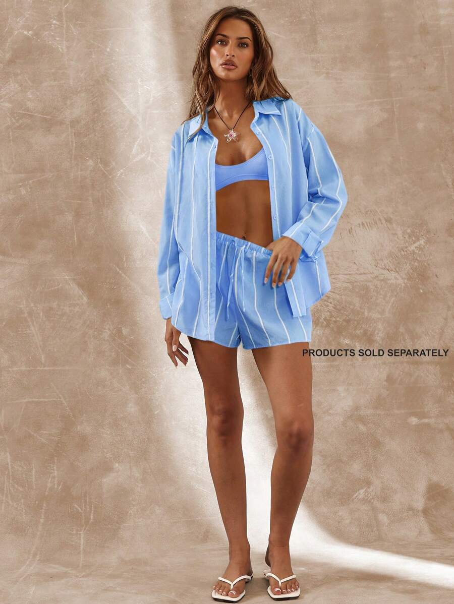 Musera Resort 宽松系带腰带细条纹沙滩短裤，波西米亚风，伊比沙岛风，可爱性感，适合度假、夏季海滩泳装，可作罩衫。7月4日春假 - 藍色 - 查看 1