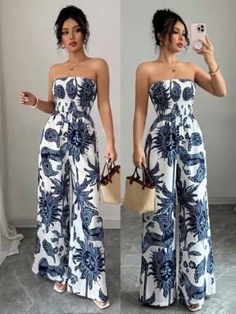 SHEIN Tall 女士印花露肩阔腿连体裤，优雅度假和日常通勤装