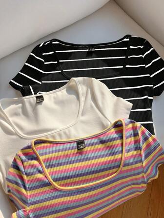 Comfortcana 3 件套彩色条纹短袖方领休闲宽松 T 恤，大码上衣，夏季上衣