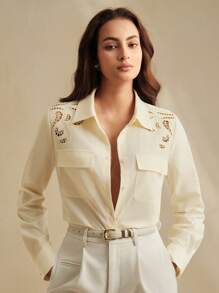 Anewsta Anewsta Women's Elegant Hollow Out Embroidered Blouse