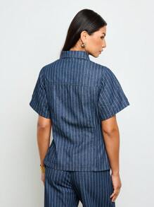 AiiRZ Áo khoác denim kẻ sọc Trucker tay ngắn cài nút thời trang công sở mùa hè xuân cổ điển áo khoác ngoài - Màu xanh lam - Xem 4