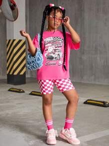SHEIN Conjunto de 6 piezas de estilo informal para niñas preadolescentes con camiseta estampada con oso, coche de carreras y letras, y shorts de ciclista en 2 piezas