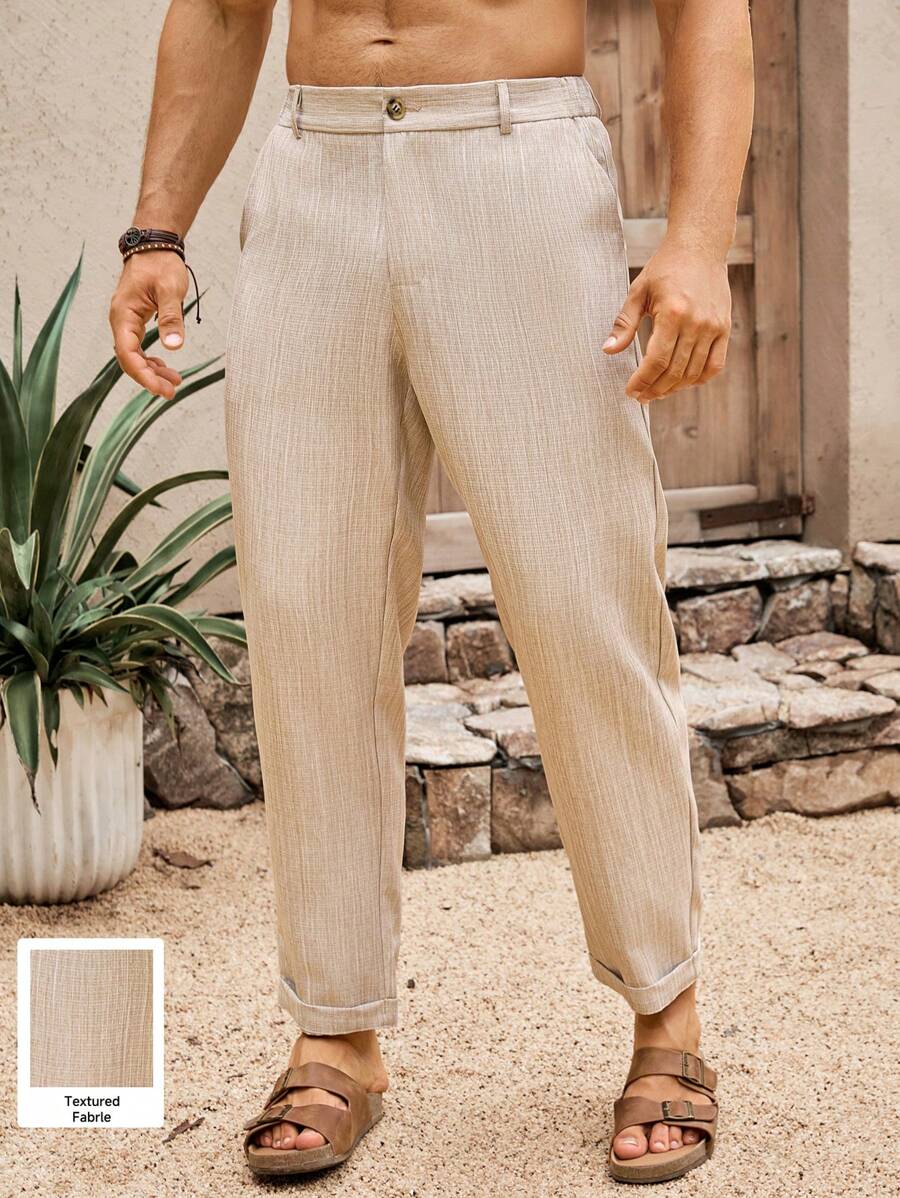Manfinity RSRT Men's Casual Loose Business Pants With Belt Loops, Summer Pants For Summer Textured Pants - Khaki - View 1