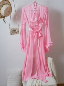 SHEIN 4pcs Set: Sexy Sheer Pullover Top And Thong Panties And Wide Sleeve Robe And Belt, Rave - Pink - View 6