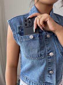 Elenzga Fashionable Elegant Ruffle Hem Sleeveless Denim Jacket - Light Wash - View 6