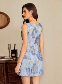 Vintamour 复古优雅女式提花紧身迷你连衣裙无袖蓝色夏季连衣裙 - 藍色 - 查看 2