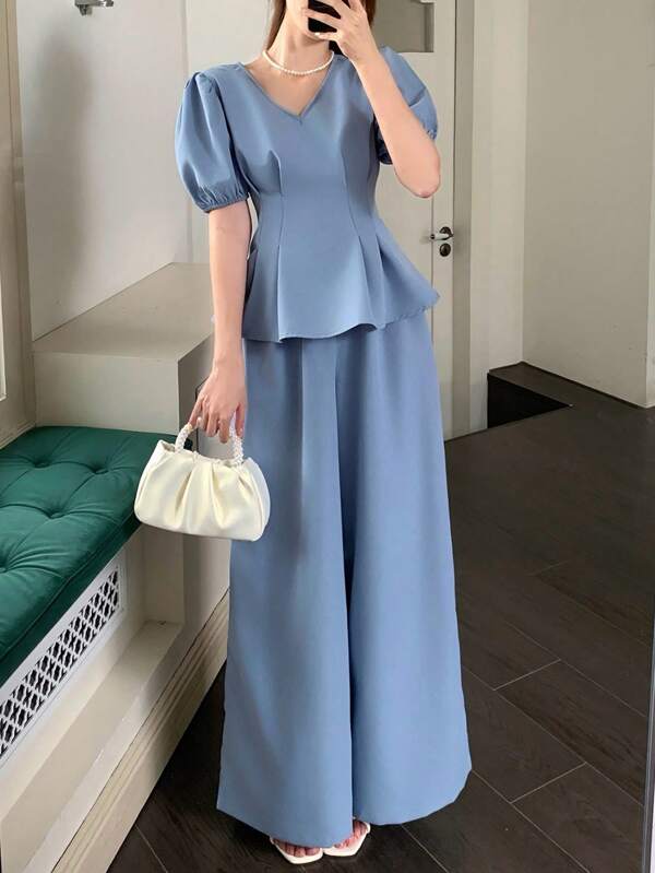 SHEIN Teen Girls' Blue Woven Solid Color Casual Commuter Puff Sleeve Ruffle Hem Waist Crop Top & Straight Leg Pants Set, Suitable For Spring/Summer, Gatherings Blue Two Pieces Set Pants And Top Set, Filipiniana Terno