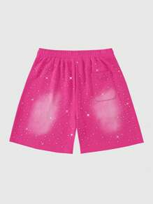 ROMWE MEN Men's Street Life Drawstring Waist Pockets Rhinestone Drizzle  Print Shorts - Hot Pink - View 2
