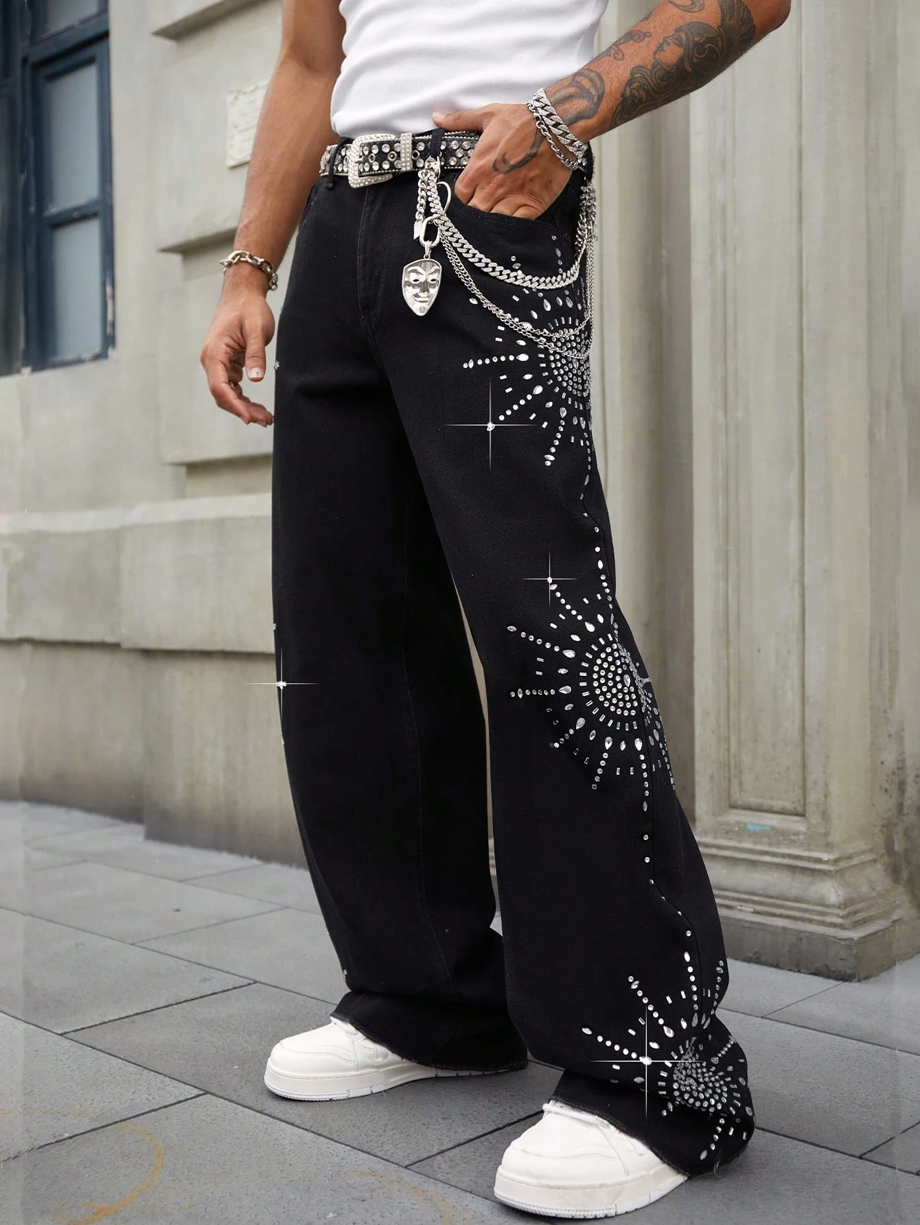 Our Street Life Men's Loose Fit Glittery Rhinestone Pattern Baggy