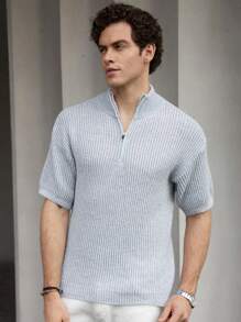 Manfinity Homme Camiseta casual de punto con cremallera hasta la mitad del pecho y manga corta de unicolor para hombre, P, para amigos
