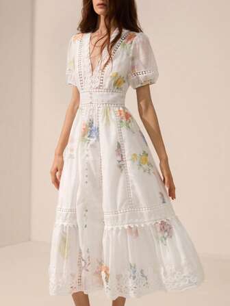 Aveloria Rosie 优雅精准度假透视清凉竹秆亚麻复古花卉印花泡泡袖短袖厚重工艺镂空蕾丝拼接修身腰部宽喇叭A字型女式长裙