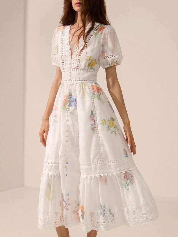 Aveloria Rosie Elegant Precise Vacation Sheer Cool Bamboo Stalk Linen Vintage Floral Print Puff Sleeve Short Sleeve Heavy Craft Hollow Lace Patchwork Fitted Waist Wide Flared A-Line Women Long Dress