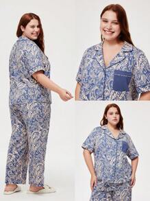 LUVLETTE 女士透气棉质图案短袖纽扣上衣和裤子透气家居睡衣套装裤子带口袋内衣 - 藍色 - 查看 2