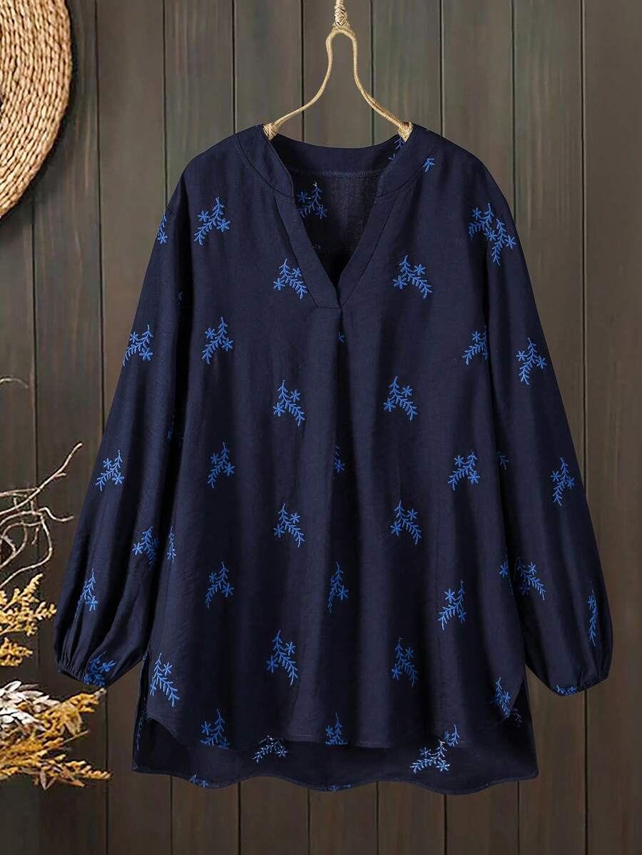 Lacomfia 女式白色刺绣圆领半拉链休闲衬衫，宽松版型 - 彩色 - 查看 1