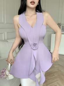 Modelyn Women's Sleeveless Solid Color 3D Floral Decor Elegant Blouse