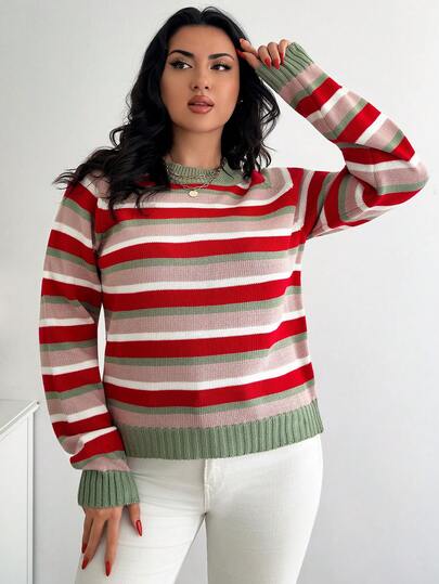 EURMUSE Plus Size Women's Striped Crew Neck Loose Fit Casual Sweater Long Sleeve Striped Pullover Womens Striped Jumper
