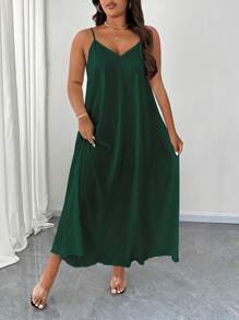 Maweii Plus Size Elegant Solid Color Spaghetti Strap Dress Maxi Women Outfit