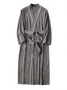SHEIN 1件装新款浴袍男女毛巾材质浴袍长袖长浴巾浴袍吸水速干透气面料柔软细腻亲肤四季可穿适合居家穿着节日用品浴袍夏季婚礼家居浴室装饰 - 深灰色 - 查看 8