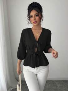 Elenzga Blusa elegante de mangas de linterna con nudo al frente y cintura ceñida - Negro - Ver 6