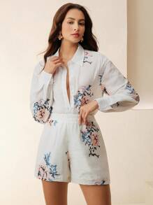 Anewsta Women's Leisure Vacation Heavy Cross Stitch Flower Red Blue Black White Bottom Drop Shoulder Loose Shirt Shorts Two Pieces Set - White - View 6