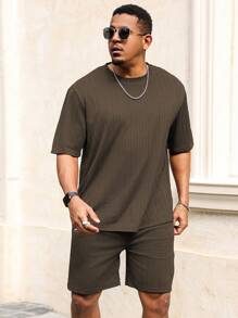 Manfinity Homme Plus Size Men Summer Solid Round Neck Short Sleeve T-Shirt And Shorts Set - Coffee Brown - View 3