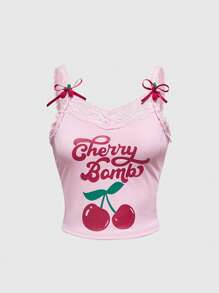 ROMWE Kawaii 2 件樱桃印花蕾丝吊带背心和荷叶边超短裤套装，适合年轻女性的休闲风格