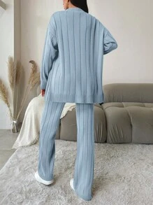EURMUSE Ladies' Solid Color Button Front Cardigan And Wide Leg Pants Knitwear Set - Dusty Blue - View 2
