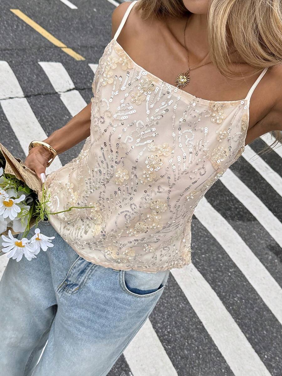 Serisse Women  Casual Sparkly Backless Spaghetti Strap Cami Top Fall Women Back To School Old Money Style Women Teacher For Women Airport For Women Summer Sequin Glitter - Apricot - View 1