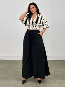 Firerie 2pcs/Set Plus Size Women Summer Elegant V-Neck Allover Print Blouse And Wide Leg Pants
