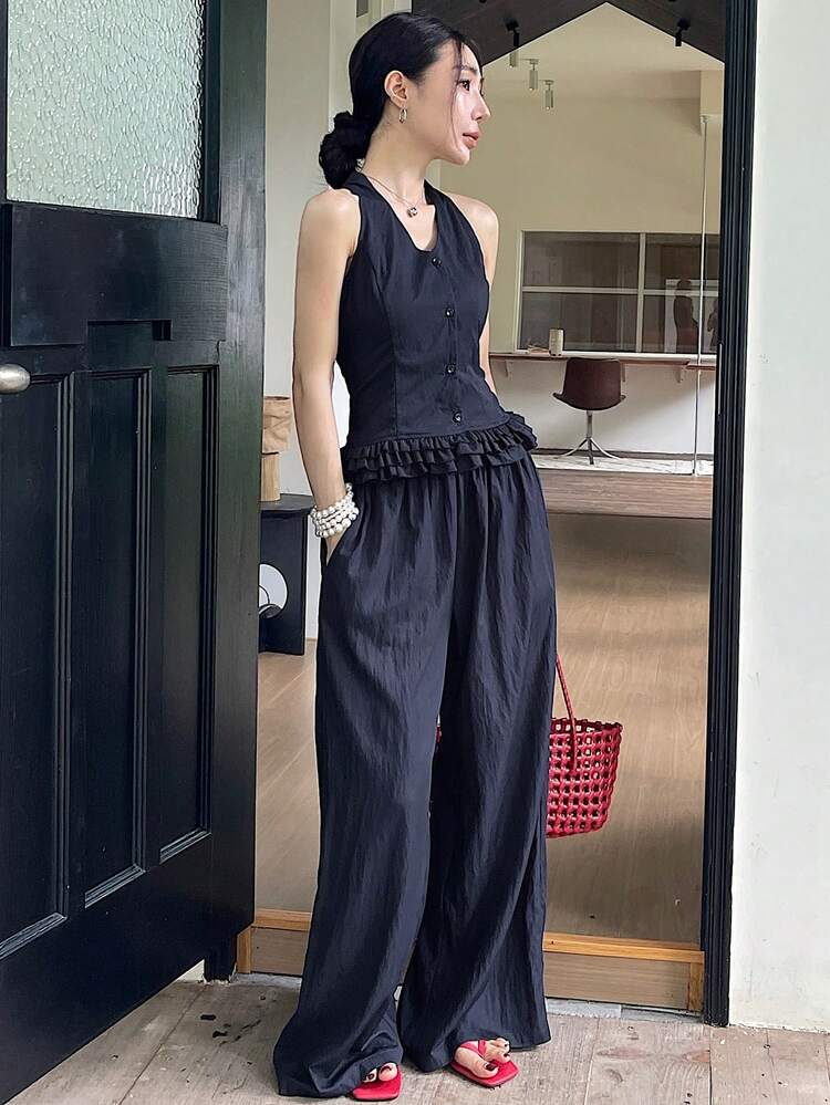 Women V-Neck Sleeveless Ruffle Trim Vest And Loose Casual Wide Leg Pants 2pcs Set, Summer City Casual