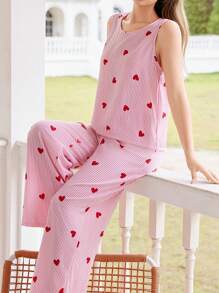 SHEIN 泡泡雪纺粉色条纹心形印花背心上衣和裤子女士睡衣套装粉色睡衣 - 彩色 - 查看 1