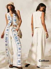 Easelle 两件套假日套装刺绣上衣背心长款 - 白色 - 查看 1