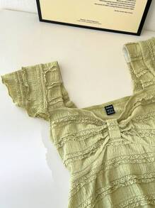 Elamini Spring/Summer Square Collar Doll Texture Casual Loose Waist Trimming Women T-Shirt - Green - View 5