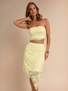 COSMINA 2pcs Women's Elegant Lace Vacation Tube Top & Yellow Skirt Set, Wedding Season, Spring/Summer