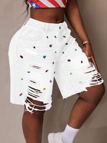 Slaydiva 女式夏季时尚水钻装饰做旧牛仔短裤