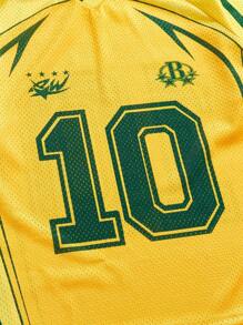 ROMWE MEN Camiseta casual de manga corta con cuello en V y estampado digital de números, estilo preppy de verano para hombre, otoño - Amarillo - Ver 4