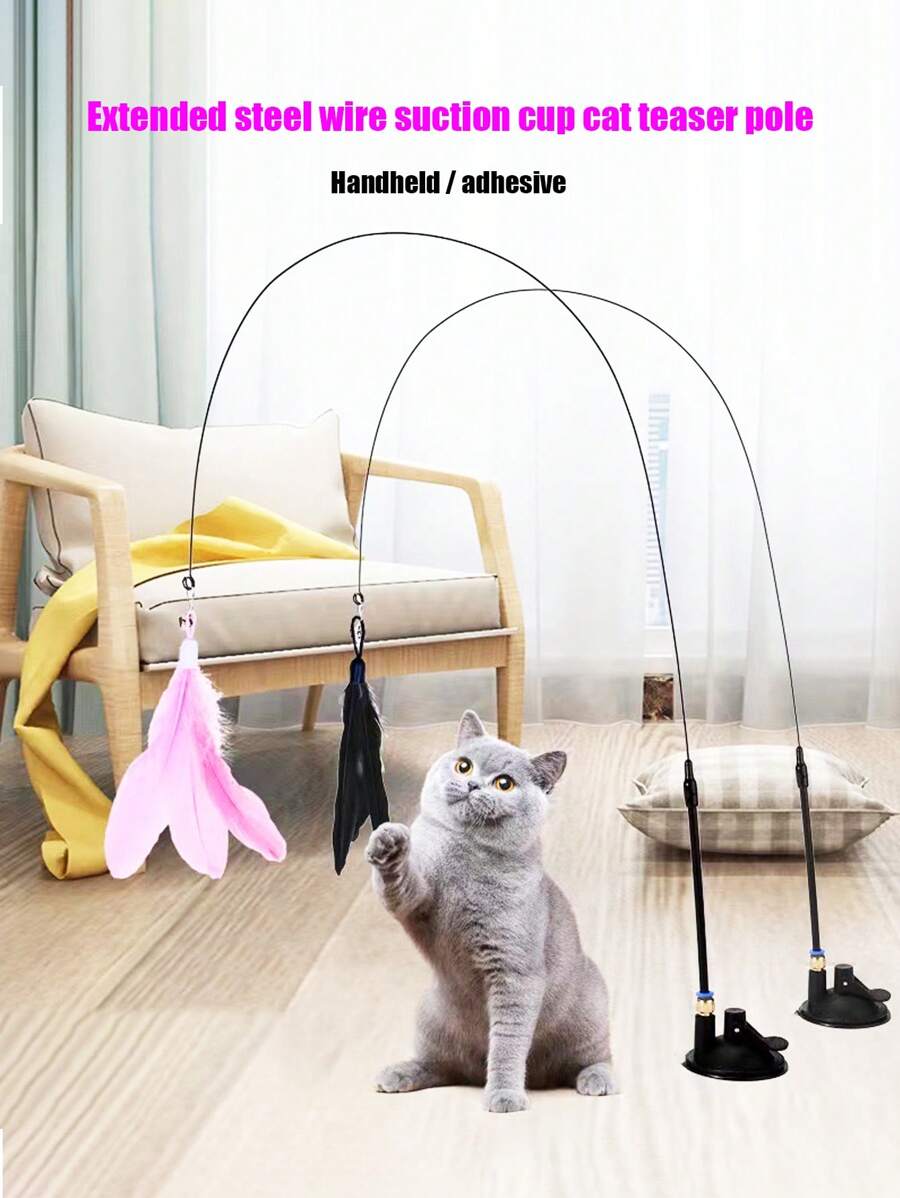 PETSIN 1 Piece Pet Cat Stick, Bell Long Rod Suction Cup, Can Be Held, Can Be Adsorbed, Feather Head Can Be Replaced, Self-Entertainmentpression Bite-Resistant Cat Toy, Pet Toy, Pet Supplies - Multicolor - View 1