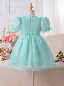 Girls' Princess Dress With Bow, Bubble Sleeves, Suitable For Everyday Commute, Elegant & Casual Wear - Mint Green - View 2