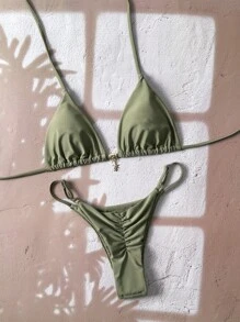 Swim Vcay Women's Plain Halter Metal Pendant Swimwear, Sexy Thong Bikini Set, Summer - Green - View 1