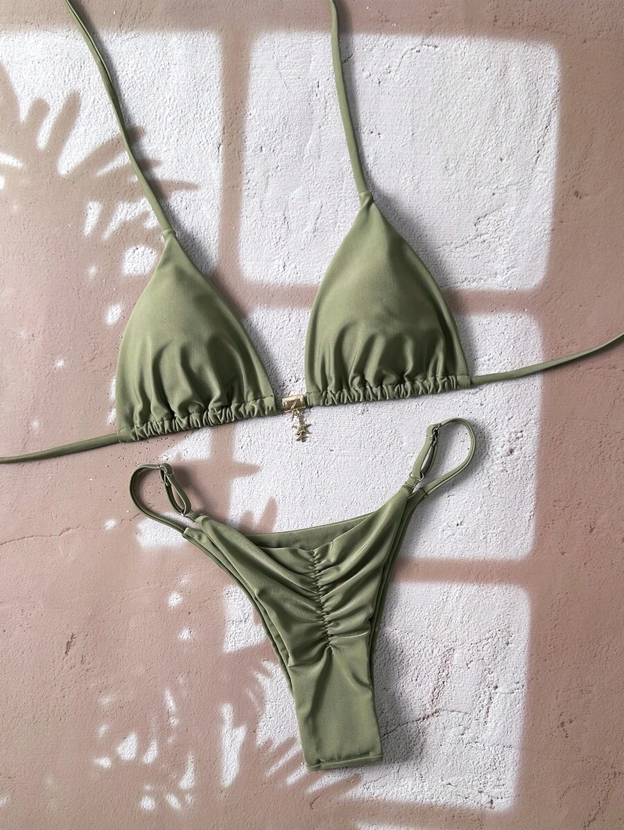 Swim Vcay Women's Plain Halter Metal Pendant Swimwear, Sexy Thong Bikini Set, Summer - Green - View 1