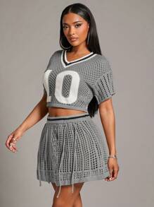 SHEIN SXY 2pcs/Set Regular Women Digital Print Short Sleeve Hollow Out Knitted Blouse And Mini Skirt Casual Outfit - Grey - View 3
