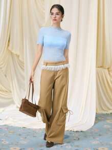 SHEIN MOD Women Mesh Patchwork Pockets Casual Versatile Wide Leg Pants, Lace Ruffle, Solid Color Low Waist Wide Leg Loose Casual Pants, - Khaki - View 1