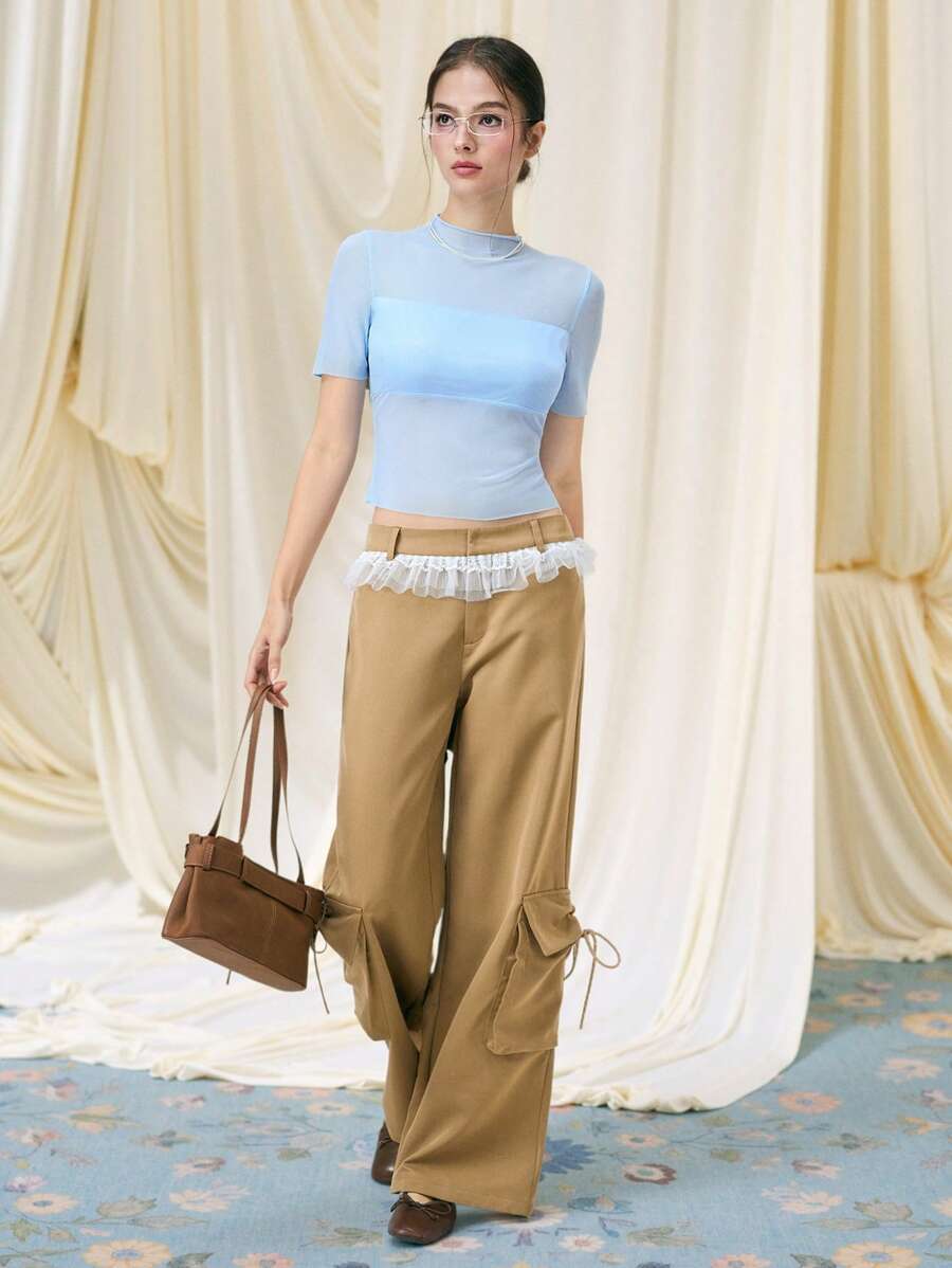 SHEIN MOD Women Mesh Patchwork Pockets Casual Versatile Wide Leg Pants, Lace Ruffle, Solid Color Low Waist Wide Leg Loose Casual Pants, - Khaki - View 1
