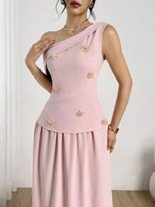 Modelyn Set de 2 piezas compuesto por top ajustado y falda con decoración floral con lentejuelas y strass, cuello asimétrico, para mujer, de verano, elegante - Rosa - Ver 2