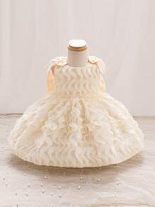 SHEIN Glamorique Kids Baby Girl Princess Dress,Pale Yellow,Summer,Elegant,Flower Girl,3D Floral Net,Oversized Bow At Back,Birthday Party Wedding Holiday Puffy Dress - Apricot - View 4