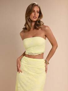 COSMINA 2pcs Women's Elegant Lace Vacation Tube Top & Yellow Skirt Set, Wedding Season, Spring/Summer