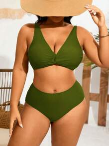 Swim Lushoire Plus Size Women Plain Color Twist Knot Sexy Bikini Swimsuit Set, Summer Beach