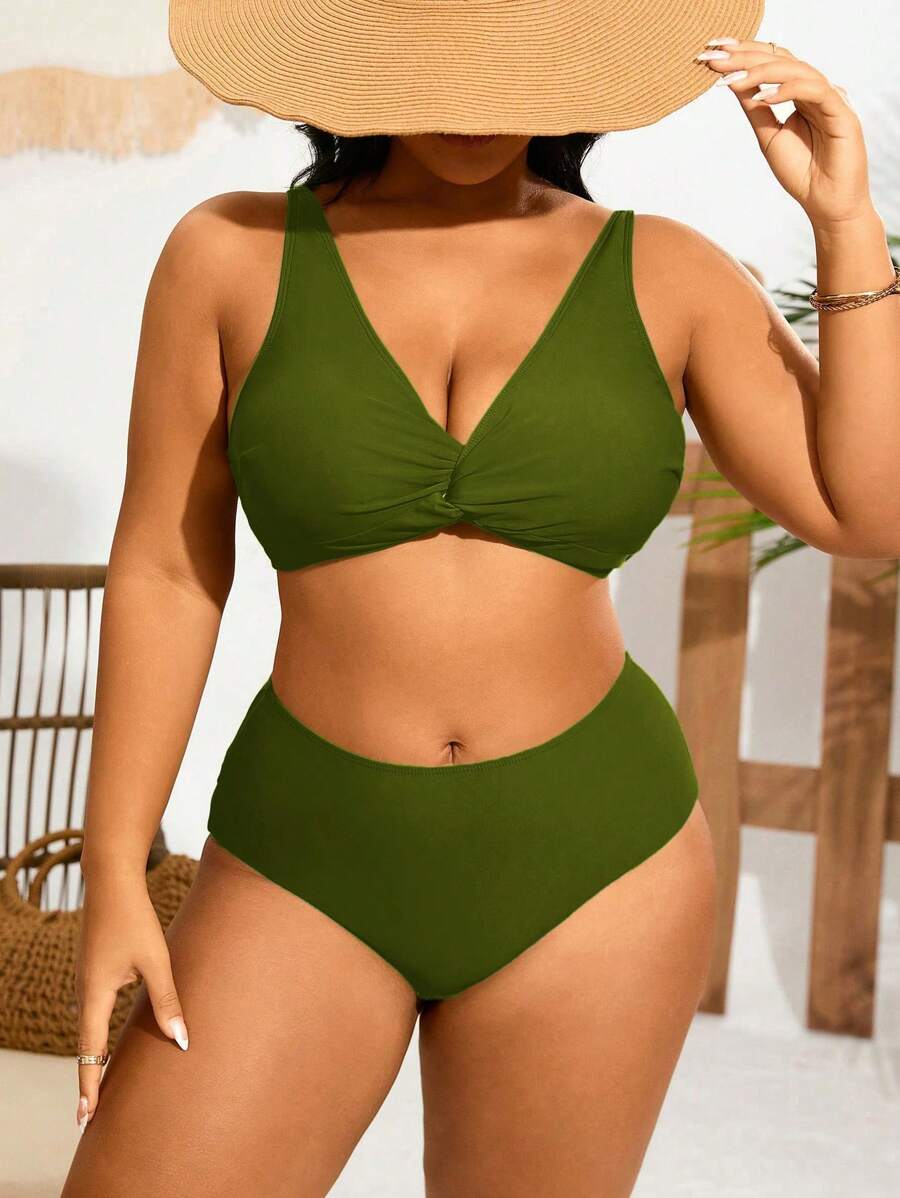 Swim Lushoire Plus Size Women Plain Color Twist Knot Sexy Bikini Swimsuit Set, Summer Beach